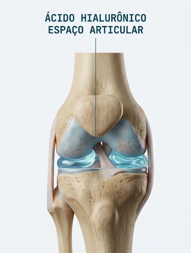 Ilustração do joelho em vista frontal indicando o ácido hialurônico no espaço articular